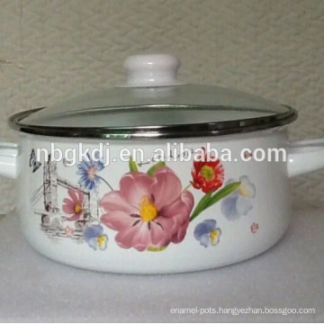 glass lid / flower decals enamel strait pot
  glass lid / flower decals enamel strait pot 